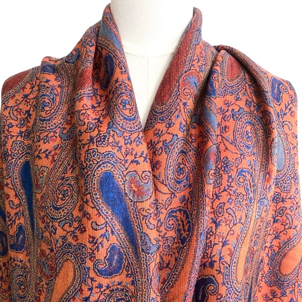 VTG 100% Cashmere Pashmina Paisley Scarf Orange Blue Wrap Shawl Two Sided 80x28 - Picture 5 of 7